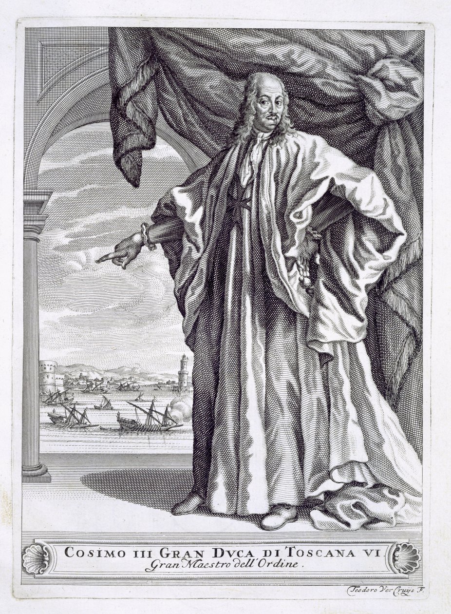 Porträt von Cosimo III de Medici (1642-1723), Frontispiz aus I Pregi della Toscana, von Fulvio Fontana, veröffentlicht 1701 von Theodor Verkruis