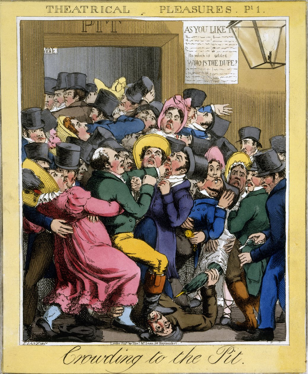 Gedränge zur Grube, Platte 1 aus Theatrical Pleasures, veröffentlicht von Thos. McLean, London, 1821 von Theodore Lane