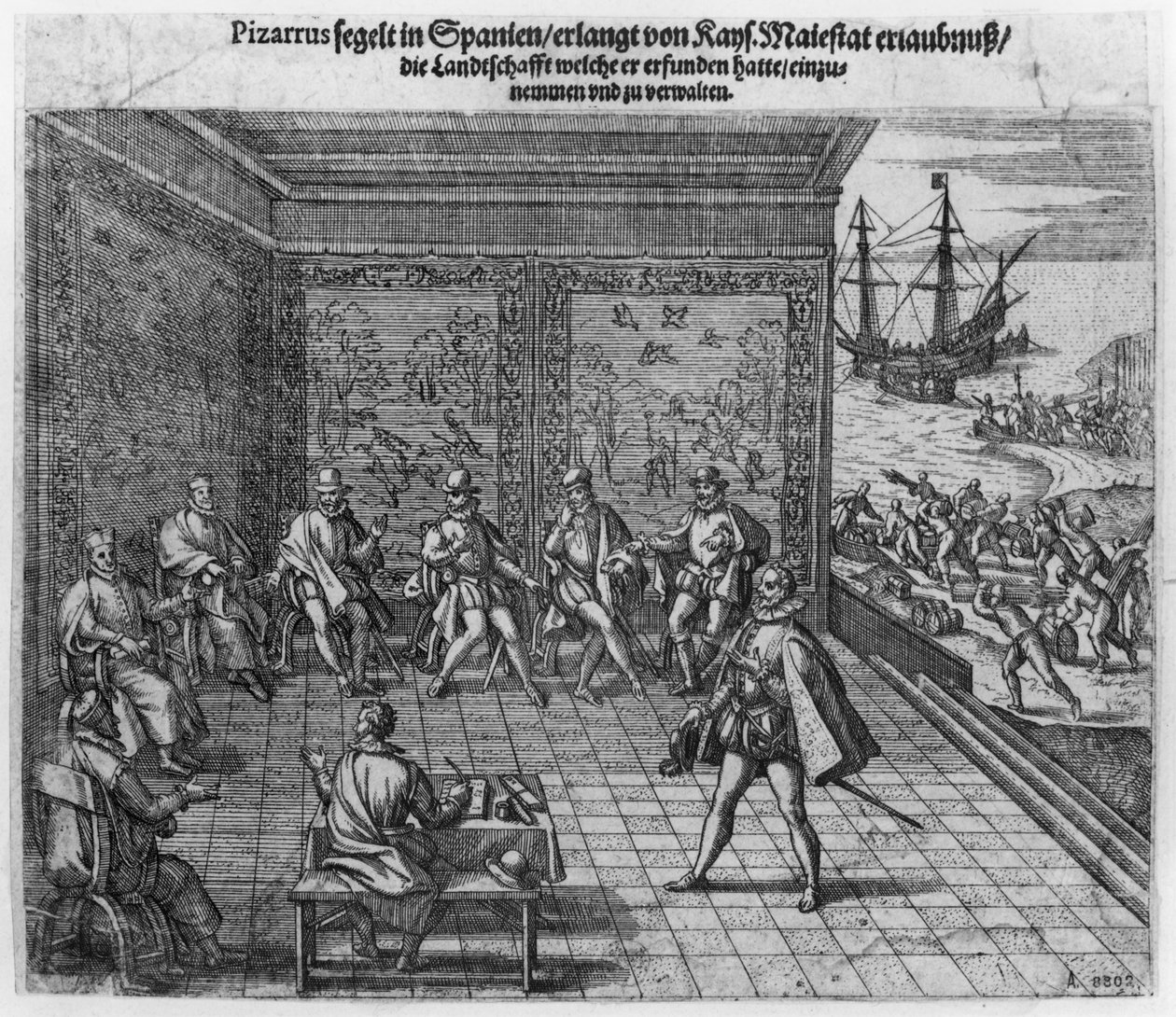 Francisco Pizarro bittet den kaiserlichen Hof um Unterstützung für die Regierung von Peru von Theodore de Bry