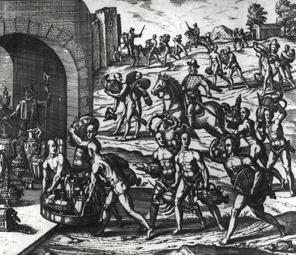 Indianer bringen Balboa-Vasen und Goldobjekte von Theodore de Bry