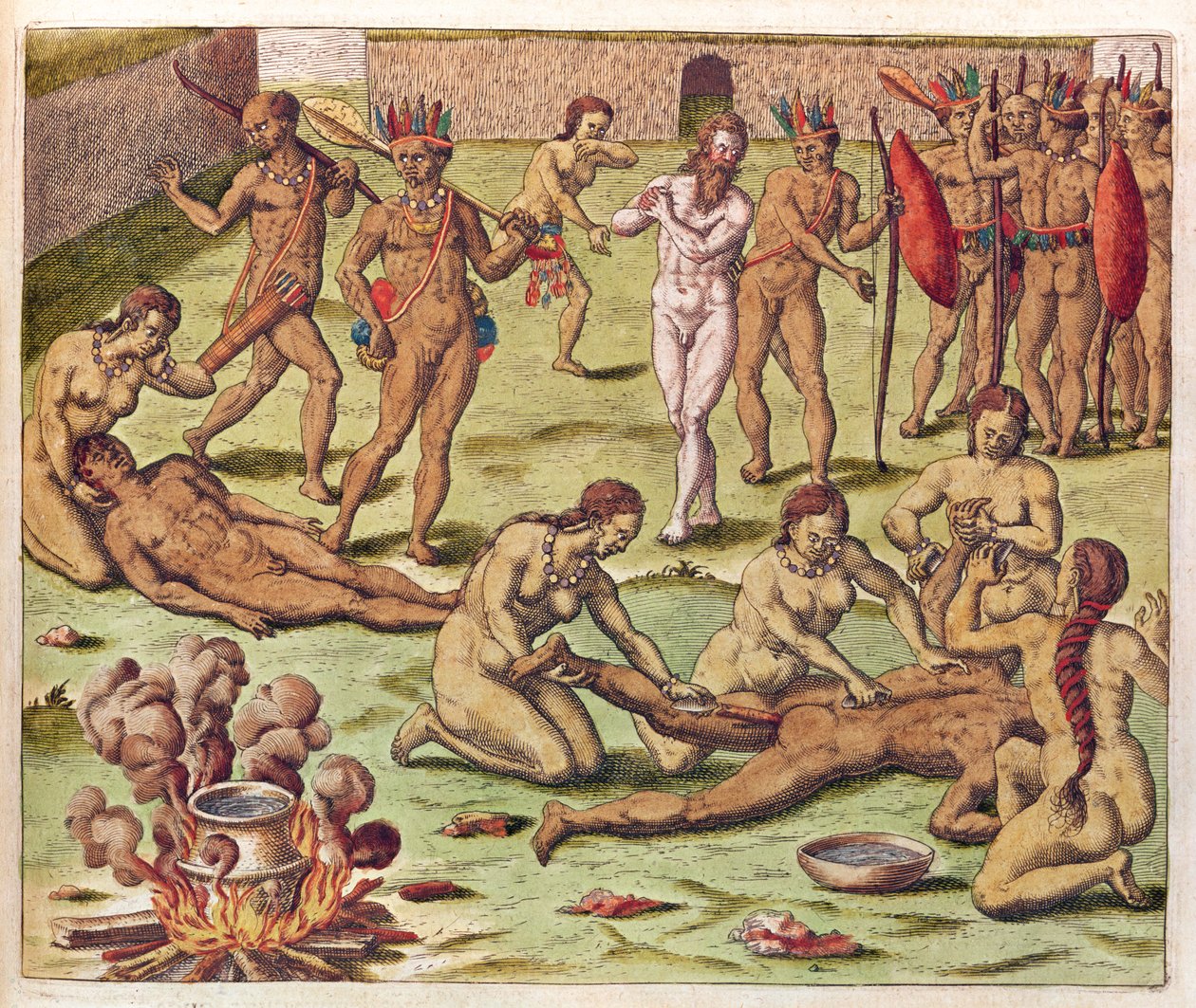 Navigatio in Brasiliam Americae, Opferung eines Barbaren (Seite 525), 1563 (Farbstich) von Theodore de Bry
