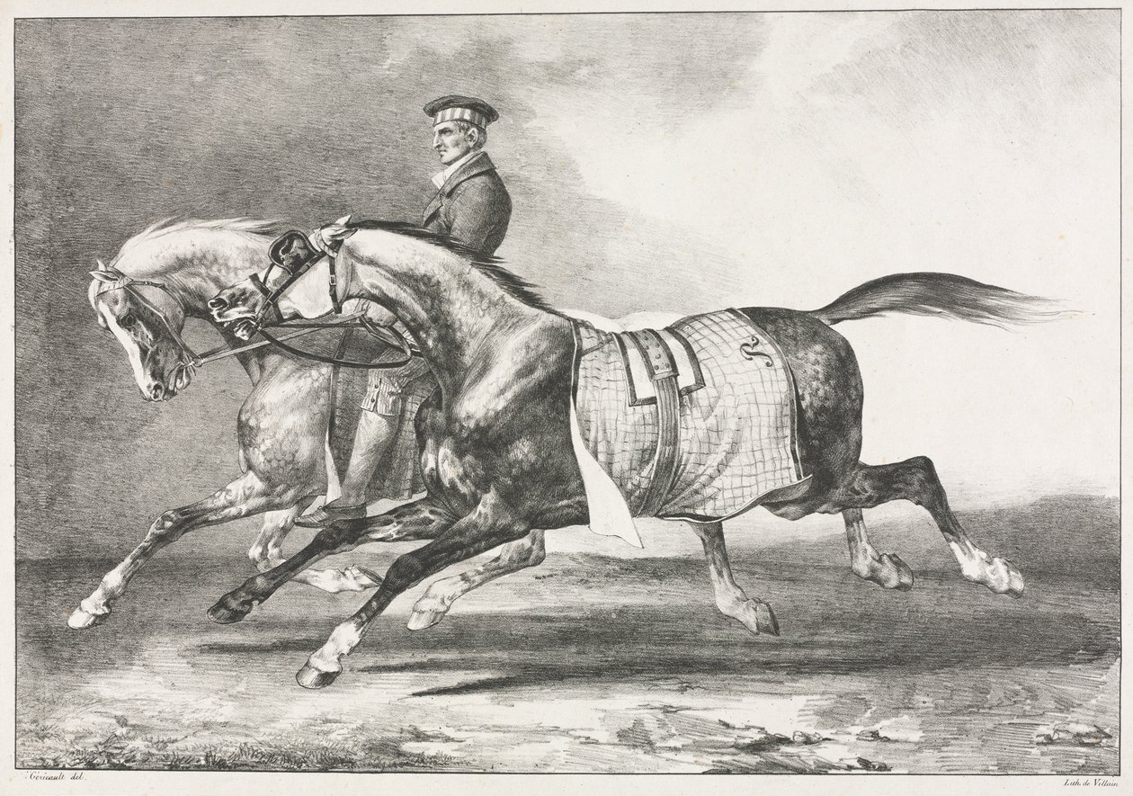 Zwei gescheckte Pferde beim Üben von Theodore Gericault