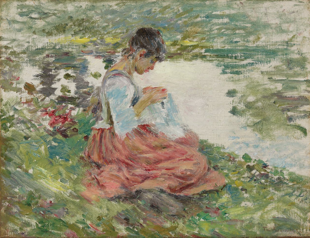 Mädchen näht am Fluss, ca. 1891 von Theodore Robinson