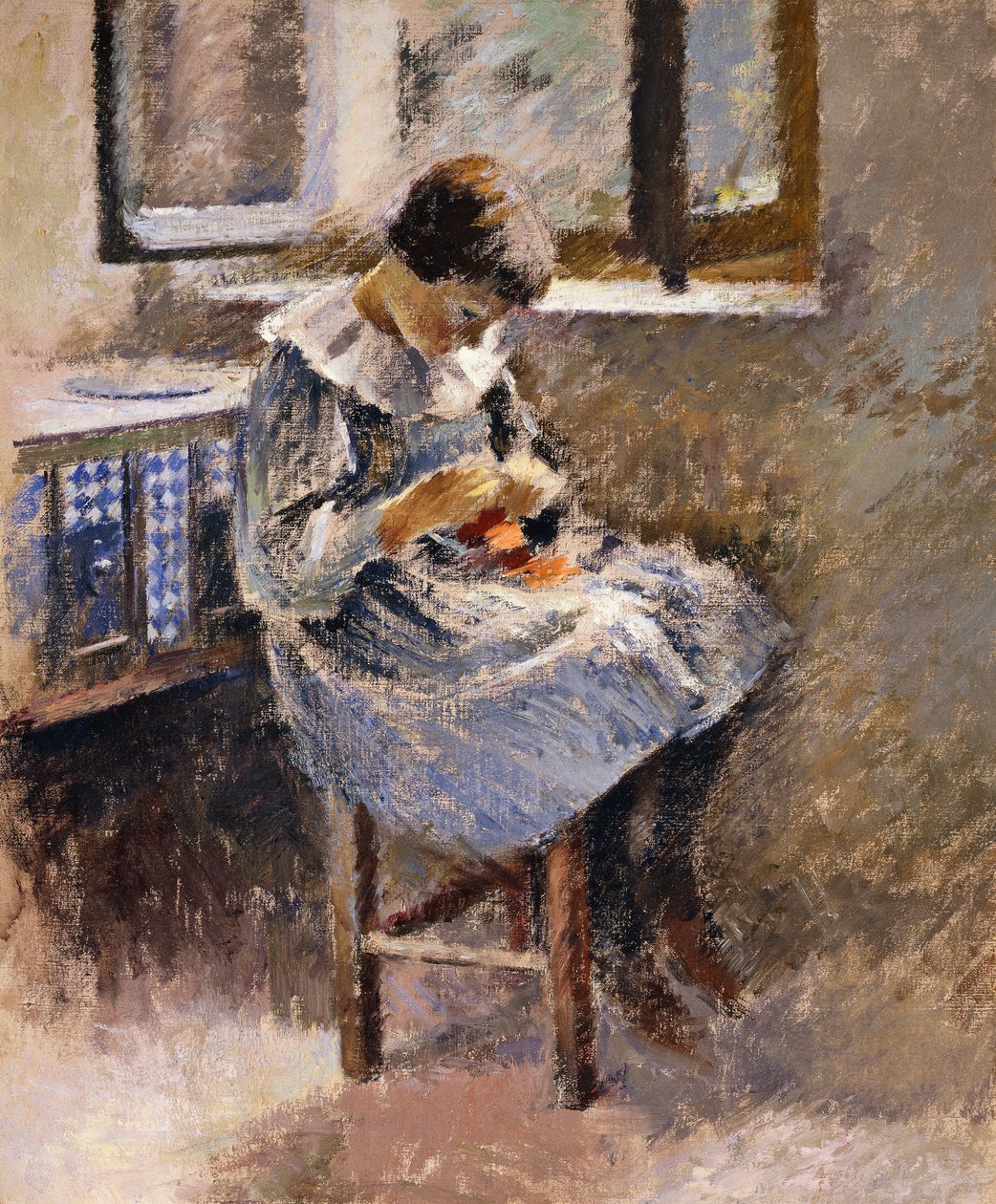 Mädchen beim Nähen, ca. 1886 von Theodore Robinson
