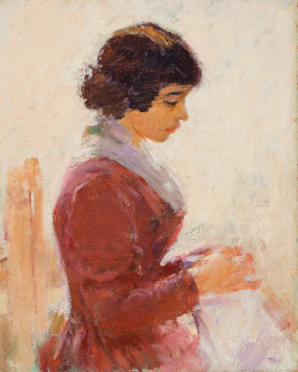 Mädchen in Rot, beim Nähen von Theodore Robinson