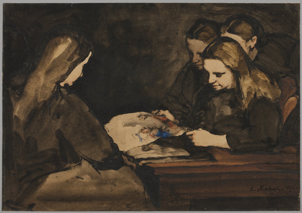 Vier Mädchen studieren eine Zeichnung von Theodule Ribot