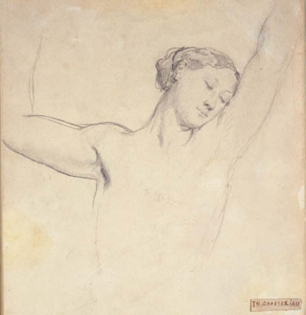 Weibliches Modell, Halbfigur mit erhobenen Armen von Théodore Chassériau