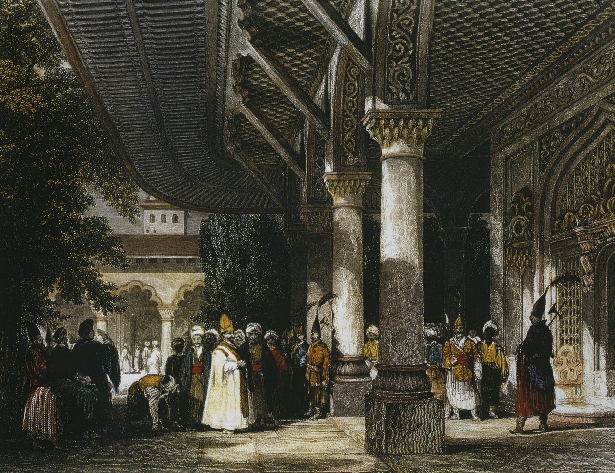 Innenansicht des Topkapi-Palastes mit Tor des Glücks (Bab-i-Saadet), Istanbul, 1839 von Thomas Allom
