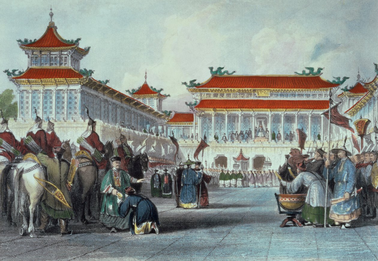 Der Kaiser Teaon-Kwang inspiziert seine Wachen, Palast von Peking, aus 