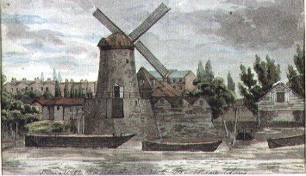 Ansicht der Windmühle bei Nine Elms, Lambeth, von Millbank von Thomas Baxter