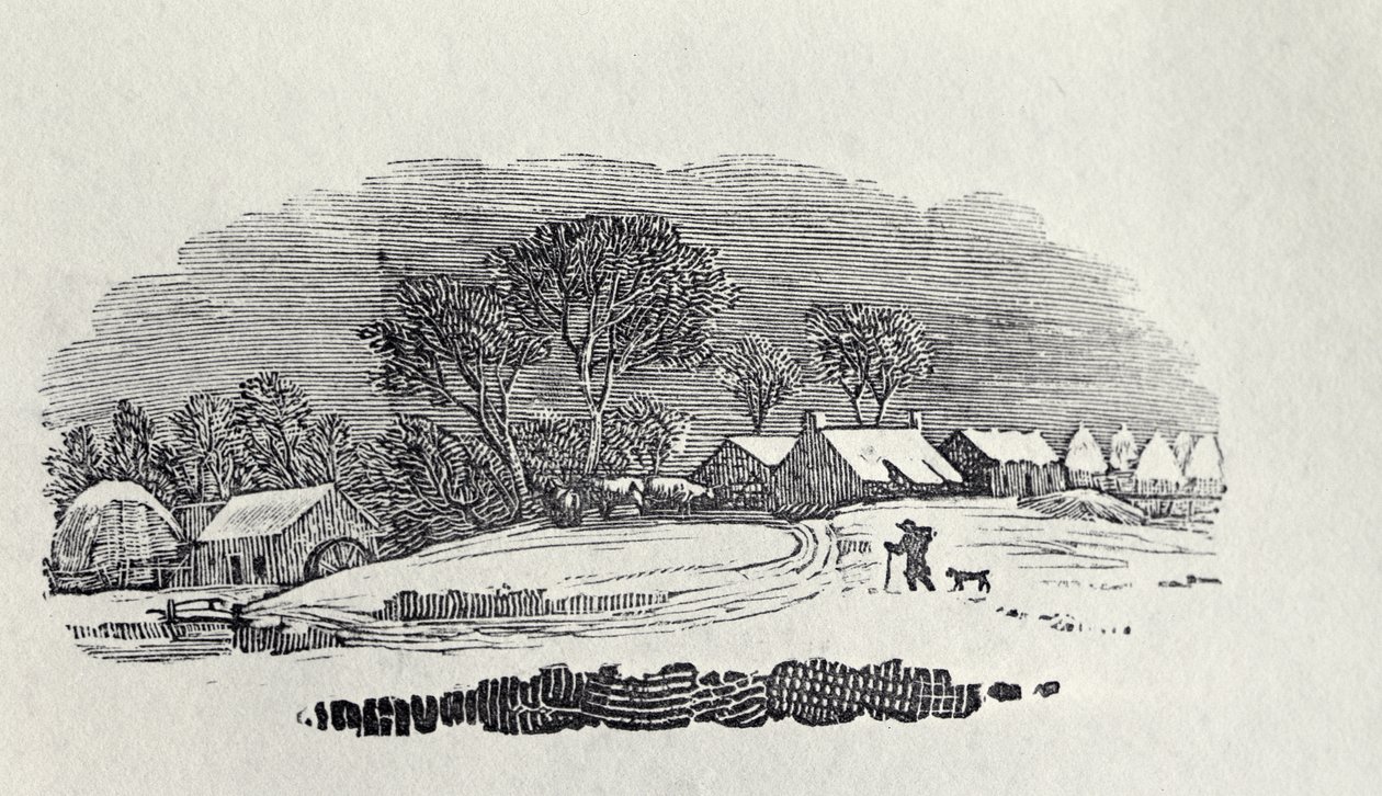 Annäherung an ein Dorf im Winter, aus 