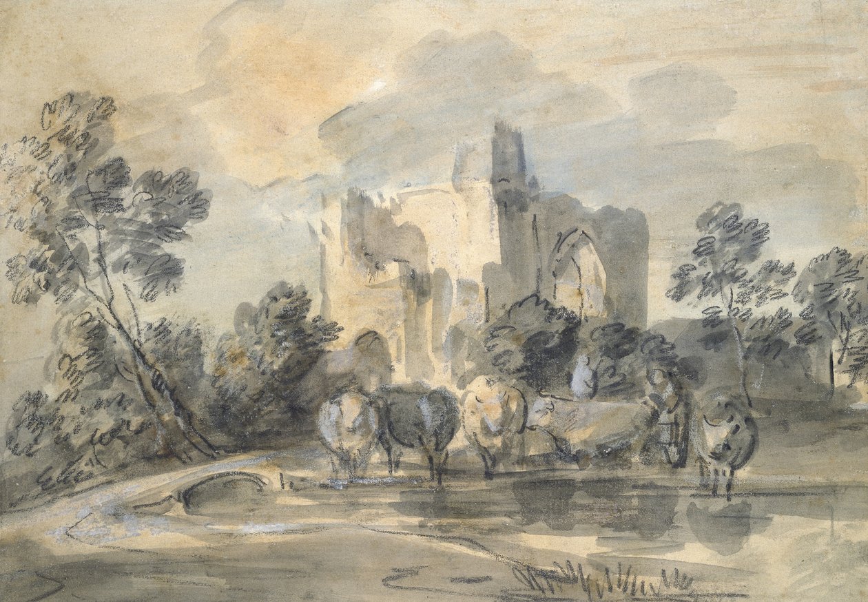 Landschaft mit einer Burgruine und Vieh an einem Teich von Thomas Gainsborough