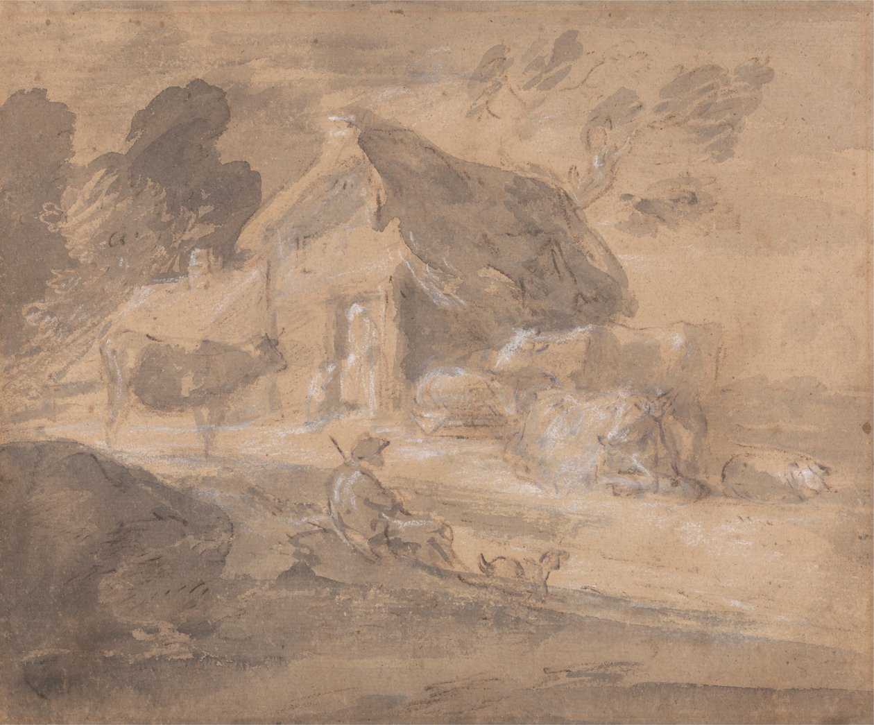 Offene Landschaft mit Figuren, Kühen und Hütte von Thomas Gainsborough