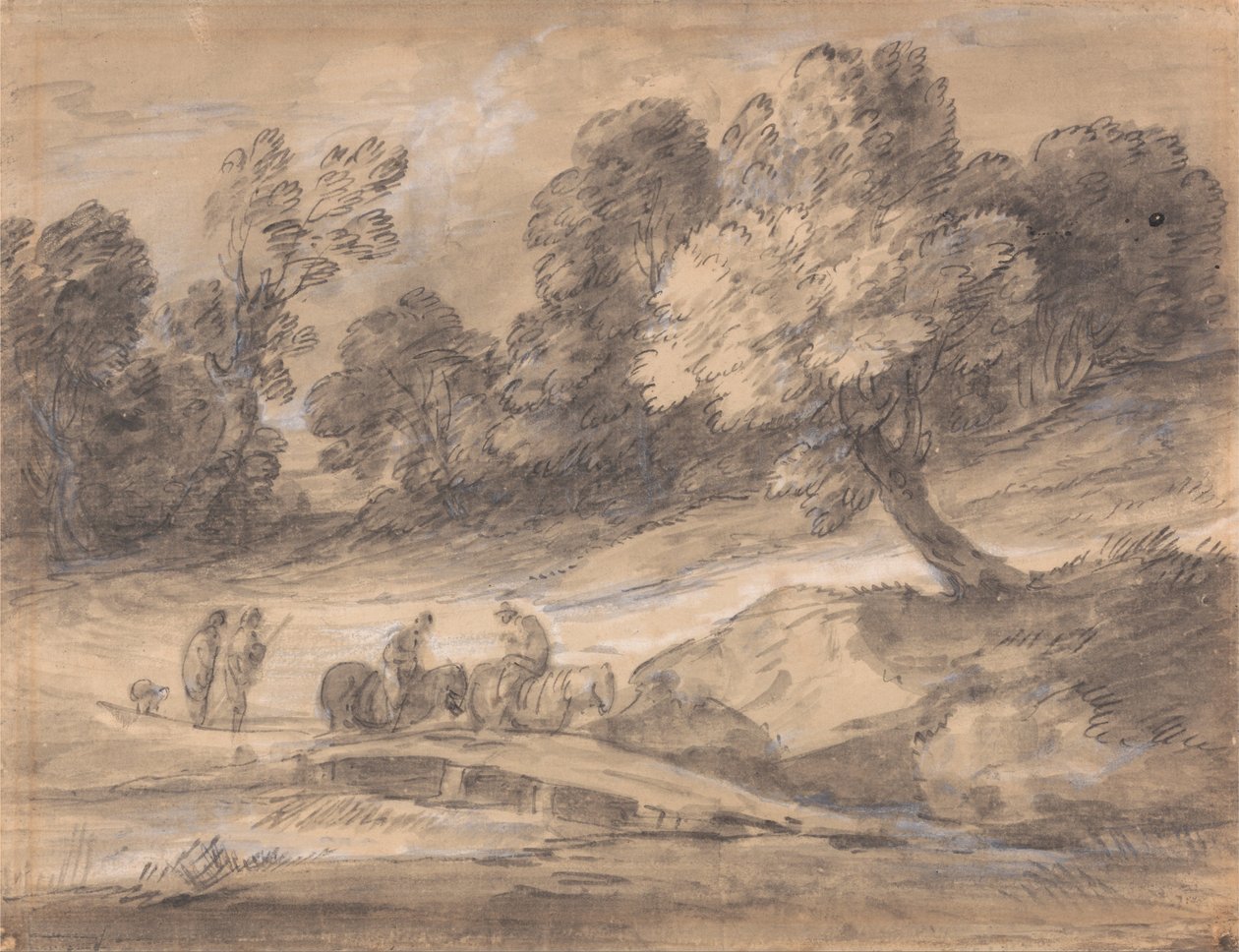 Waldlandschaft mit Reitern, die eine Brücke überqueren von Thomas Gainsborough