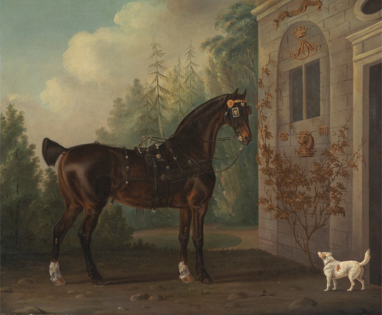Lord Abergavennys dunkelbraunes Kutschpferd mit einem Terrier von Thomas Gooch