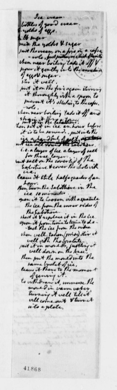 Rezept für Vanilleeis, ca. 1780 von Thomas Jefferson