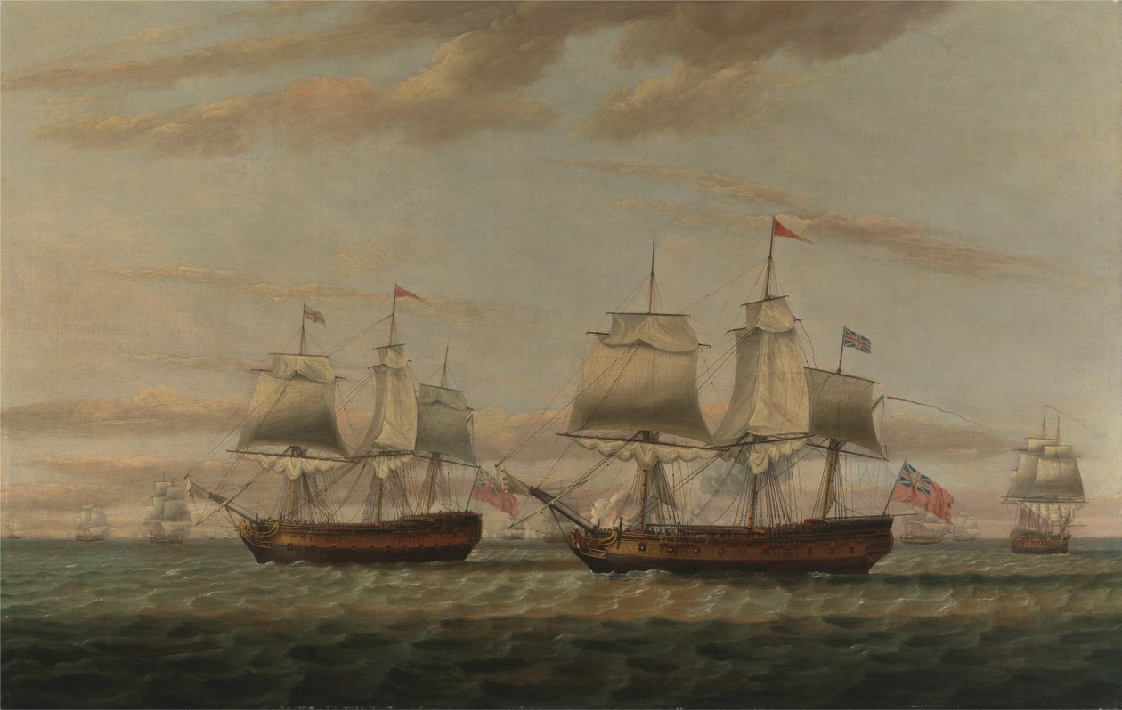 Ein Indiaman und ein Zweidecker, gesagt zu sein Thomas Dumar, Esq. in H.M. Schiff Portland Lieferung... von Thomas Luny
