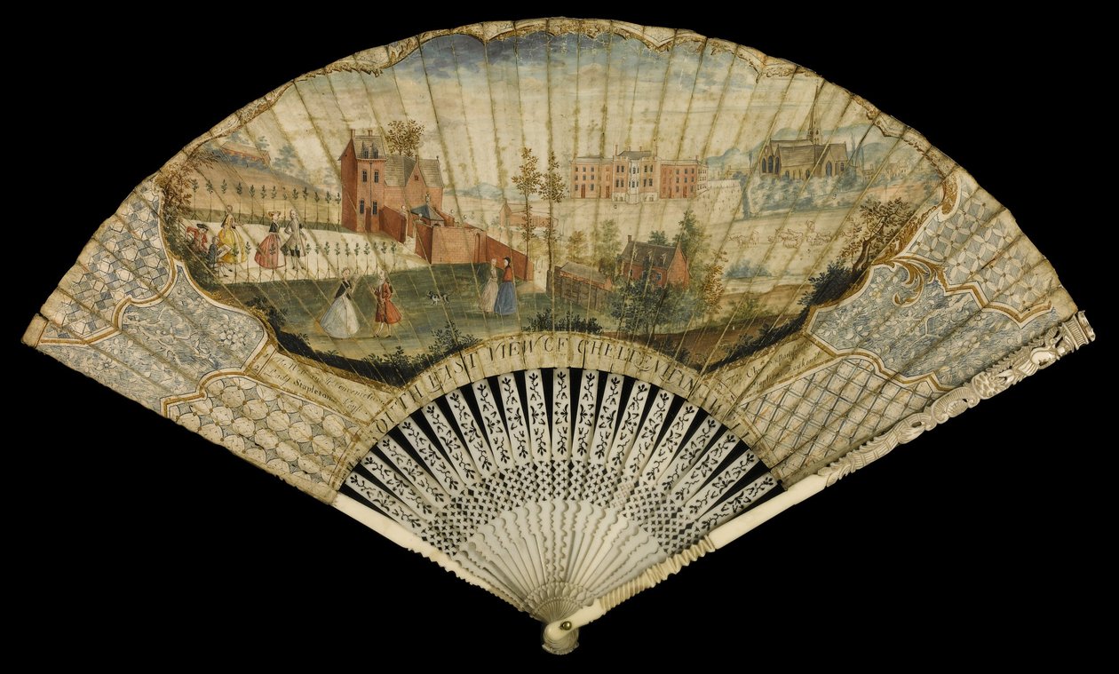 Fächer dekoriert mit der Südostansicht des Cheltenham-Brunnens, 1740 von Thomas Robins