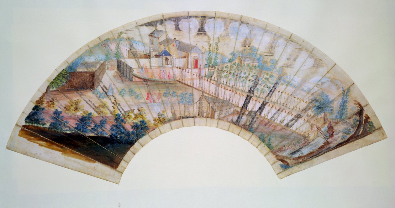 Fächer, der den Spa-Brunnen und den Brunnenweg in Cheltenham darstellt, ca. 1745 von Thomas Robins
