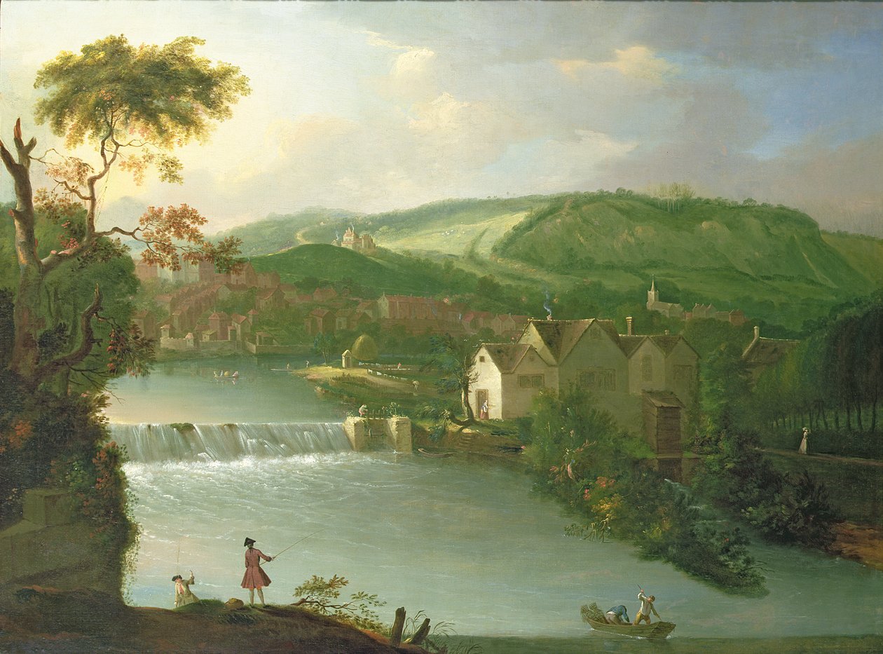 Ansicht der Abtei-Mühle und des Wehrs am Fluss Avon, Bath von Thomas Ross