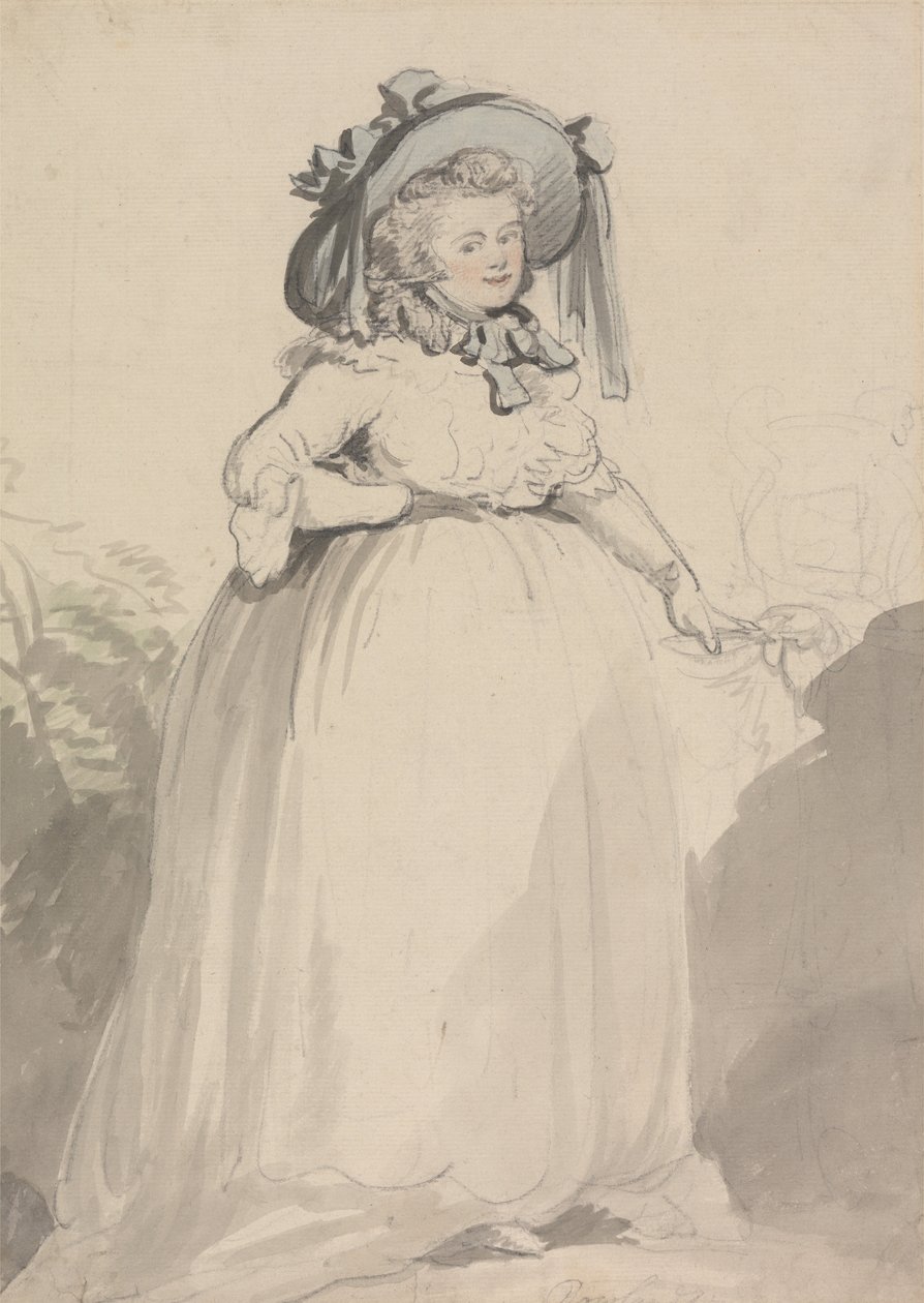Eine Dame in einem weißen Kleid, die einen blauen Hut trägt von Thomas Rowlandson