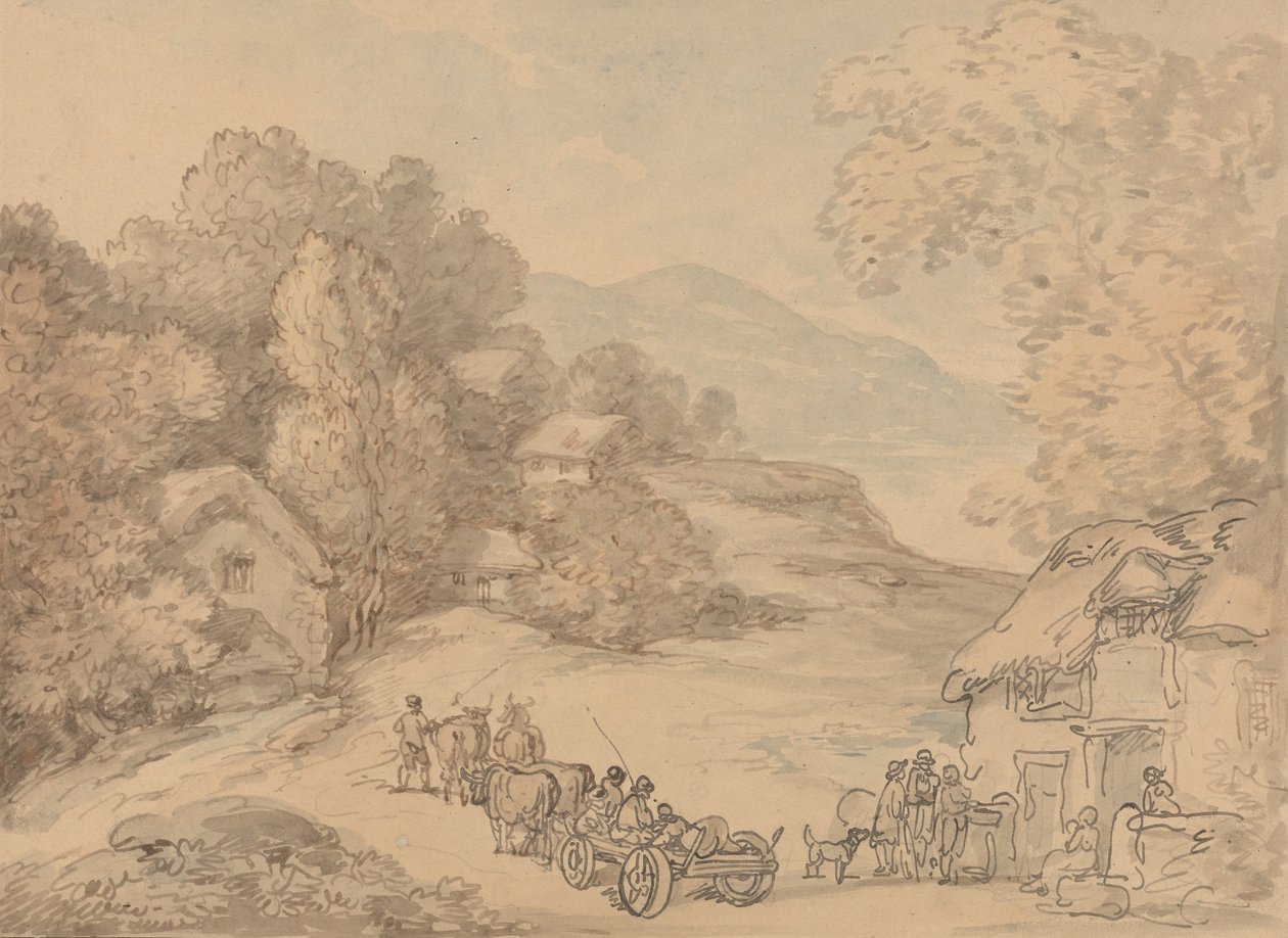 Ein Dorf in einer hügeligen Landschaft von Thomas Rowlandson