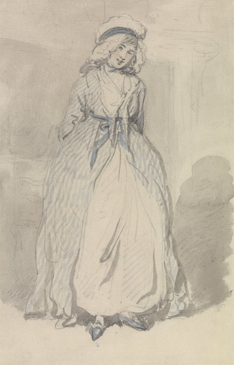 Eine junge Frau im blau gestreiften Kleid von Thomas Rowlandson