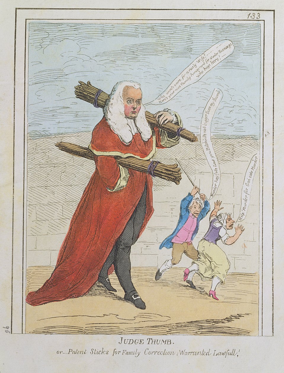 Richter Daumen - oder Patentstöcke zur Familienkorrektur; Gesetzlich garantiert, Karikatur von Richter Butler, aus Rowlandsons Karikaturmagazin, Bd. II, veröffentlicht von Thomas Tegg, ca. 1782 von Thomas Rowlandson