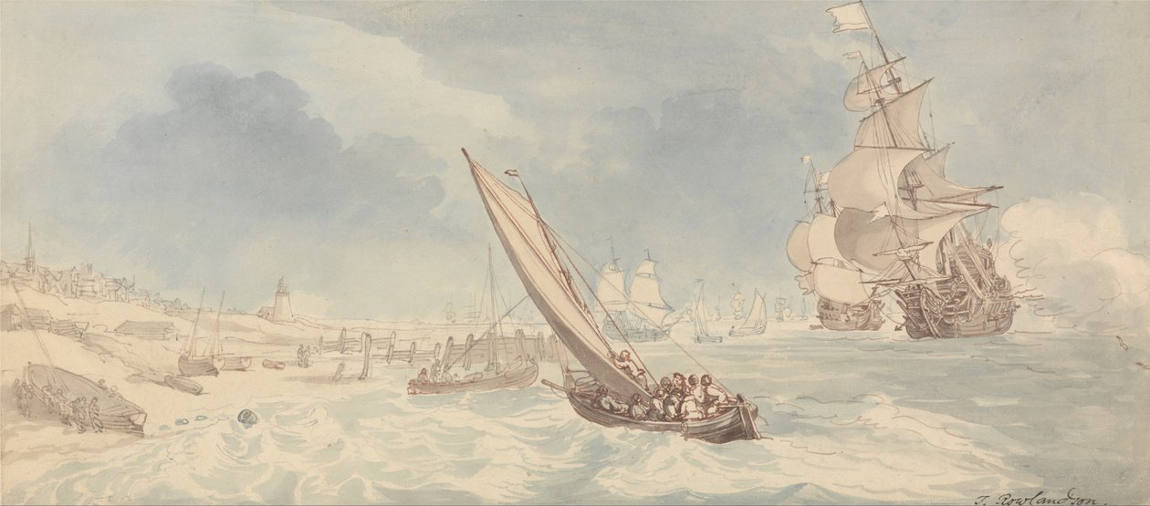 Kriegsschiffe und Segelboote in der Nähe einer Küste von Thomas Rowlandson