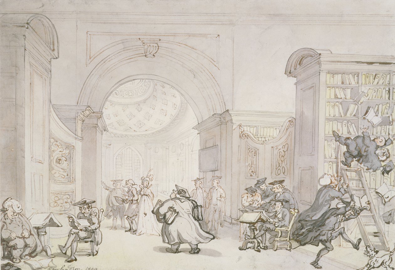 Nr. 0613 Der Westsaal und der Kuppelsaal der Alten Universitätsbibliothek, Cambridge (1800) von Thomas Rowlandson