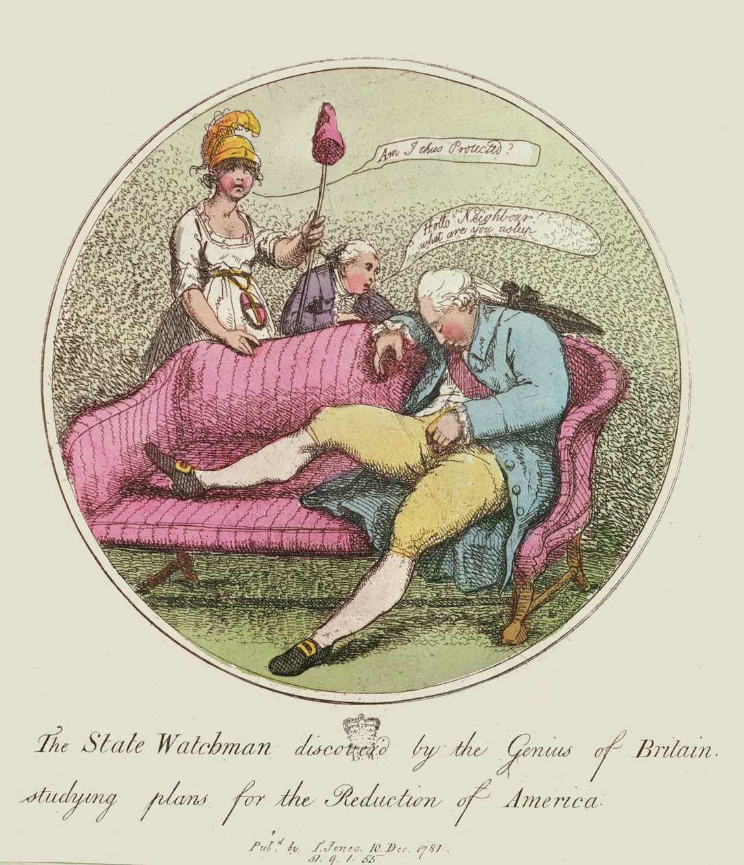 Der Staatswächter entdeckt vom Genius Britanniens, der Pläne zur Reduzierung Amerikas studiert, 1781 von Thomas Rowlandson