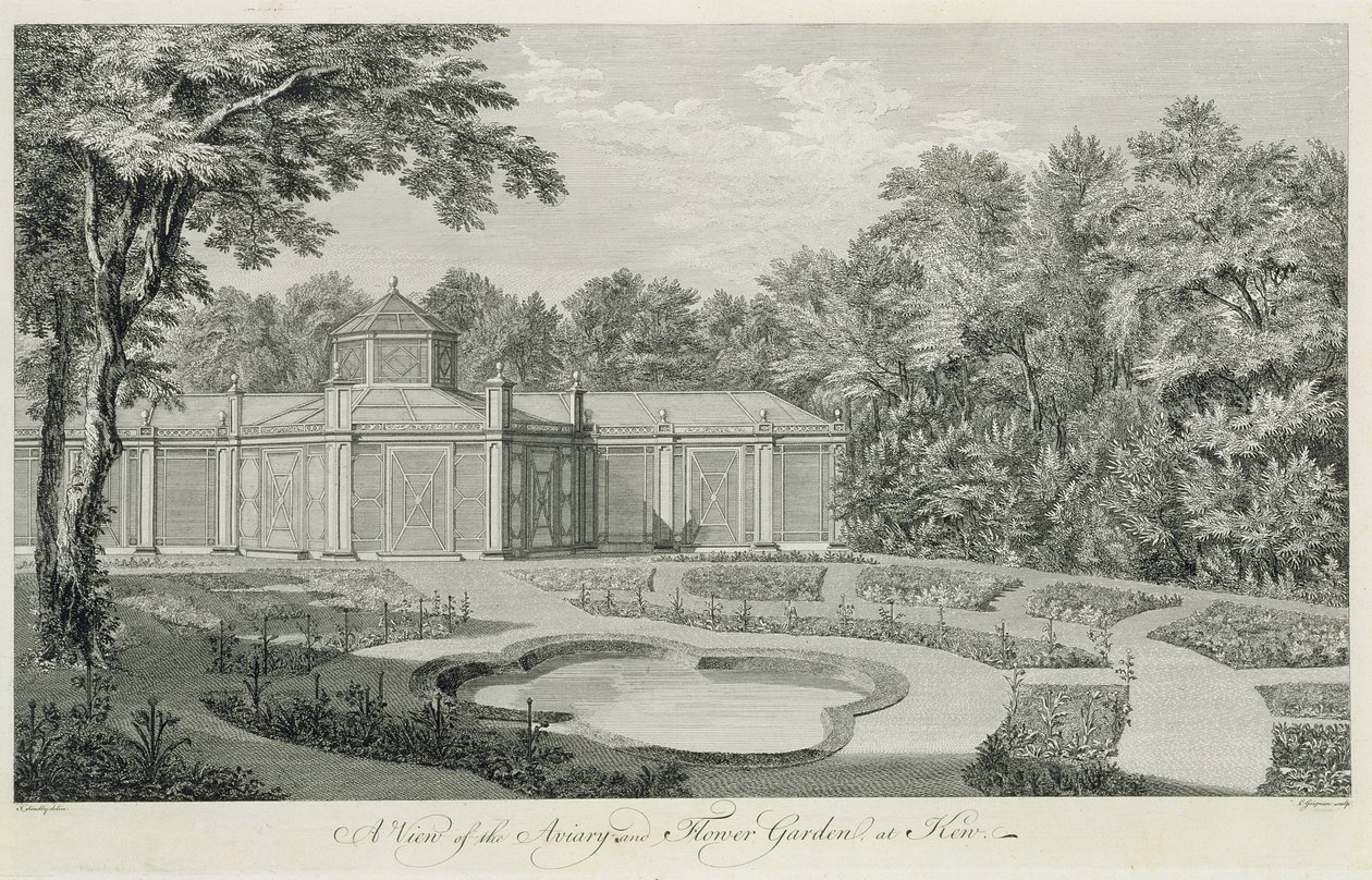 Ansicht der Voliere und des Blumengartens in Kew, aus 