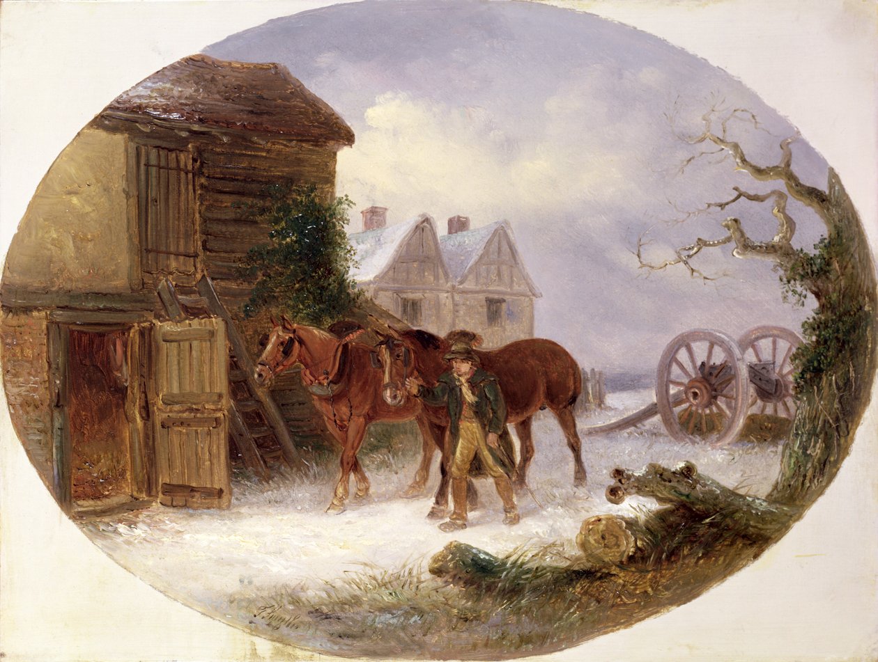 Junge führt Pferde zu einer Scheune im Schnee von Thomas Smythe
