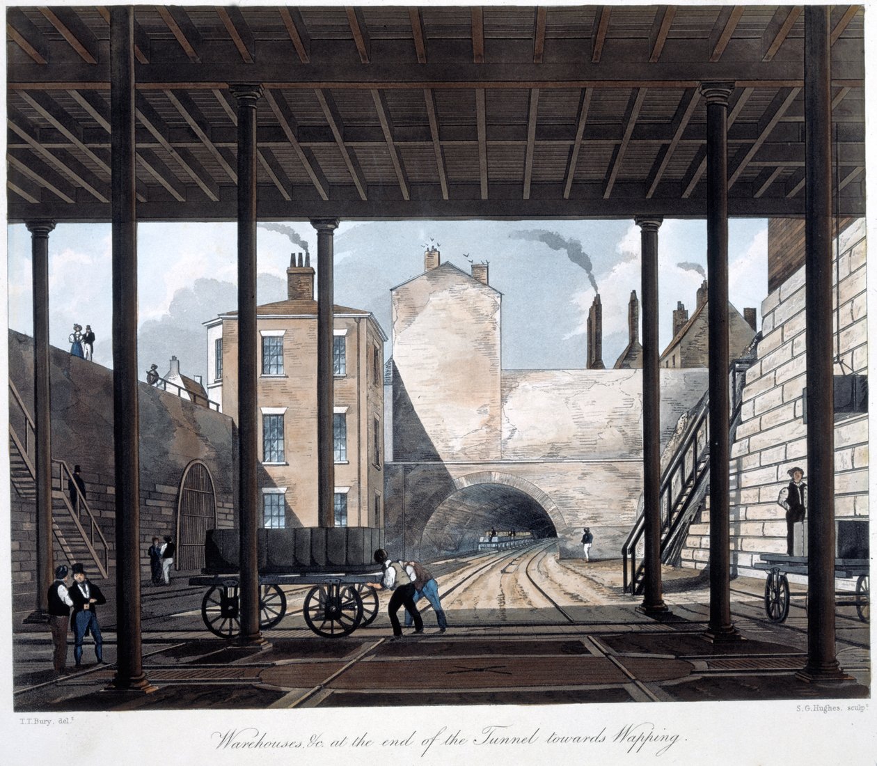 Lagerhäuser und Werke am Ende des Tunnels in Richtung Wapping, graviert von S.G. Hughes, 1831 von Thomas Talbot after Bury