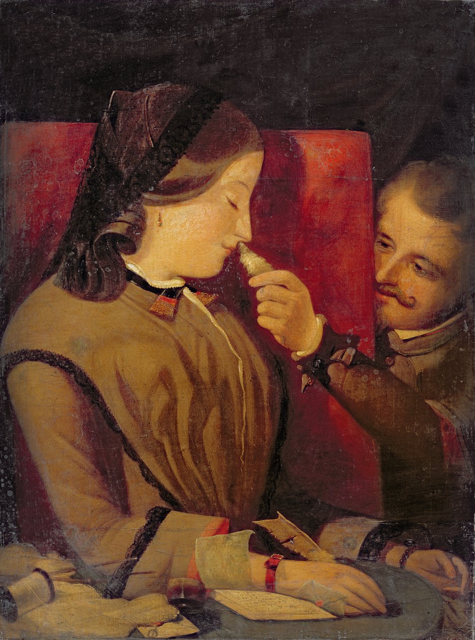 Mann kitzelt einer Frau die Nase mit einer Feder, ca. 1860 von Thomas Wade