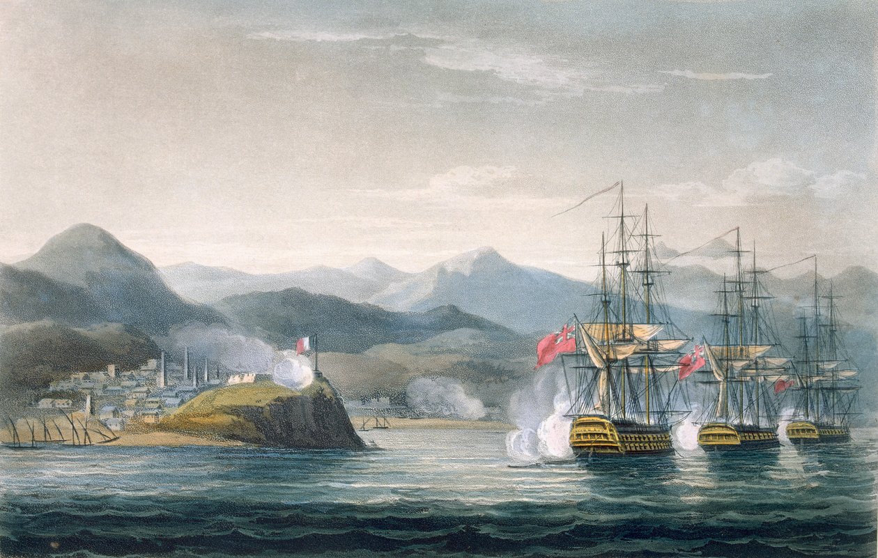 Das Geschwader unter dem Kommando von Sir J. Brisbane greift Fort Maurigio am 12. April 1814 an, graviert von T. Sutherland für 