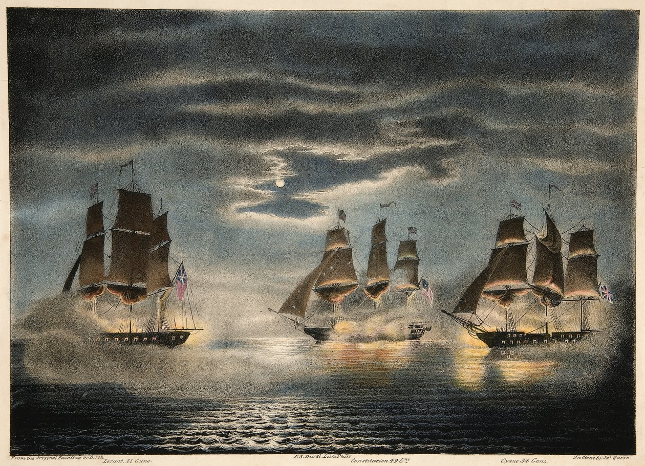 Eroberung der H.M. Schiffe Cyane & Levant durch die U.S. Fregatte Constitution, aus Army and Navy Magazine, 1840 von Thomas after Birch