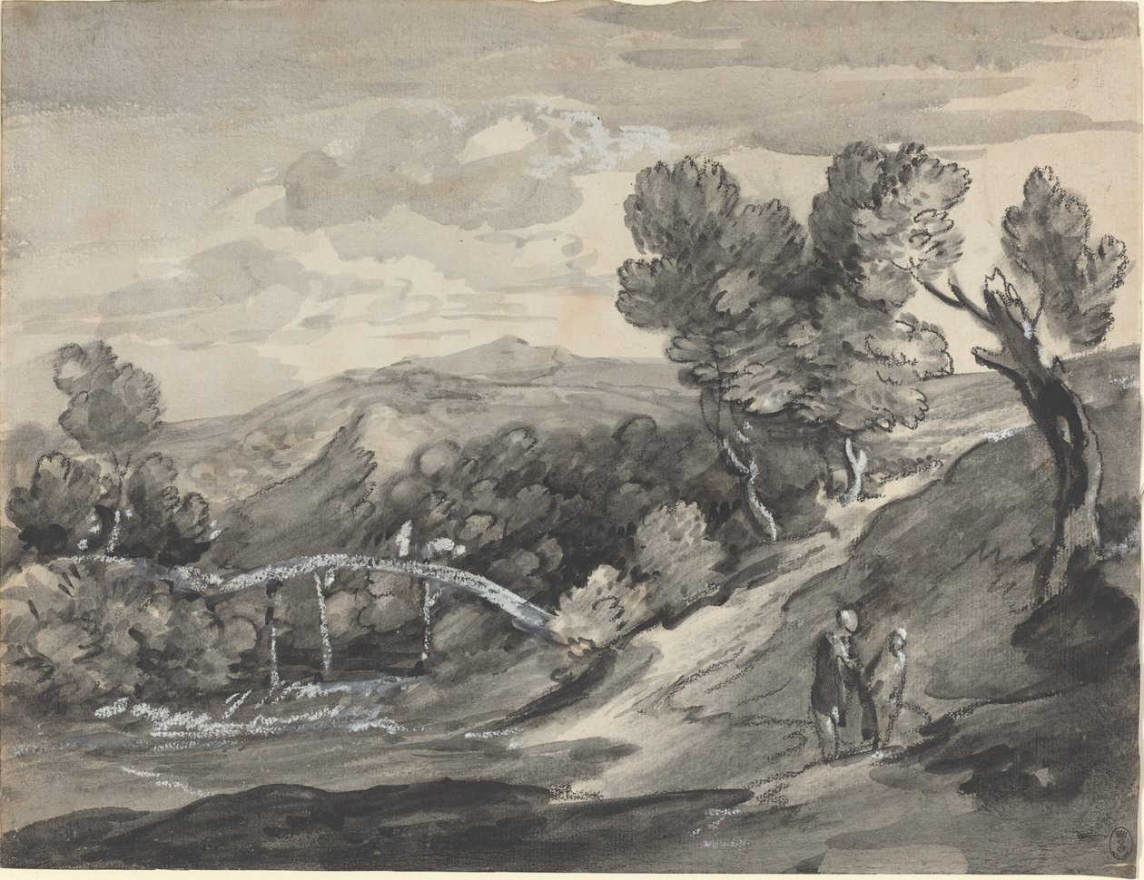 Bewaldete Hügellandschaft mit einer Brücke von Thomas Gainsborough