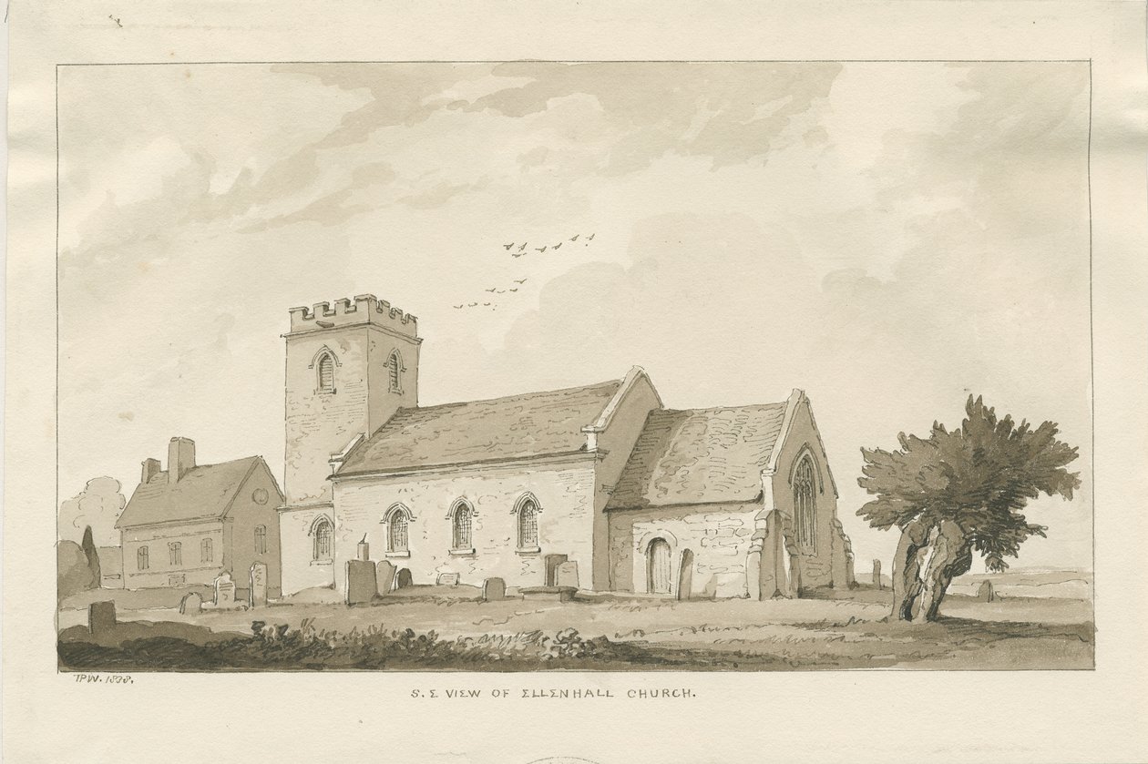 Ellenhall Kirche (Sepia-Zeichnung) von Thomas Peploe Wood
