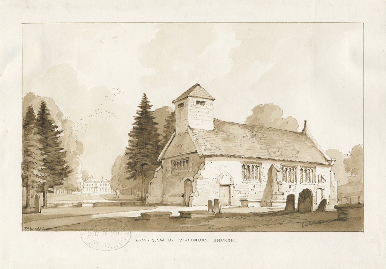Whitmore Kirche: Sepia-Zeichnung von Thomas Peploe Wood