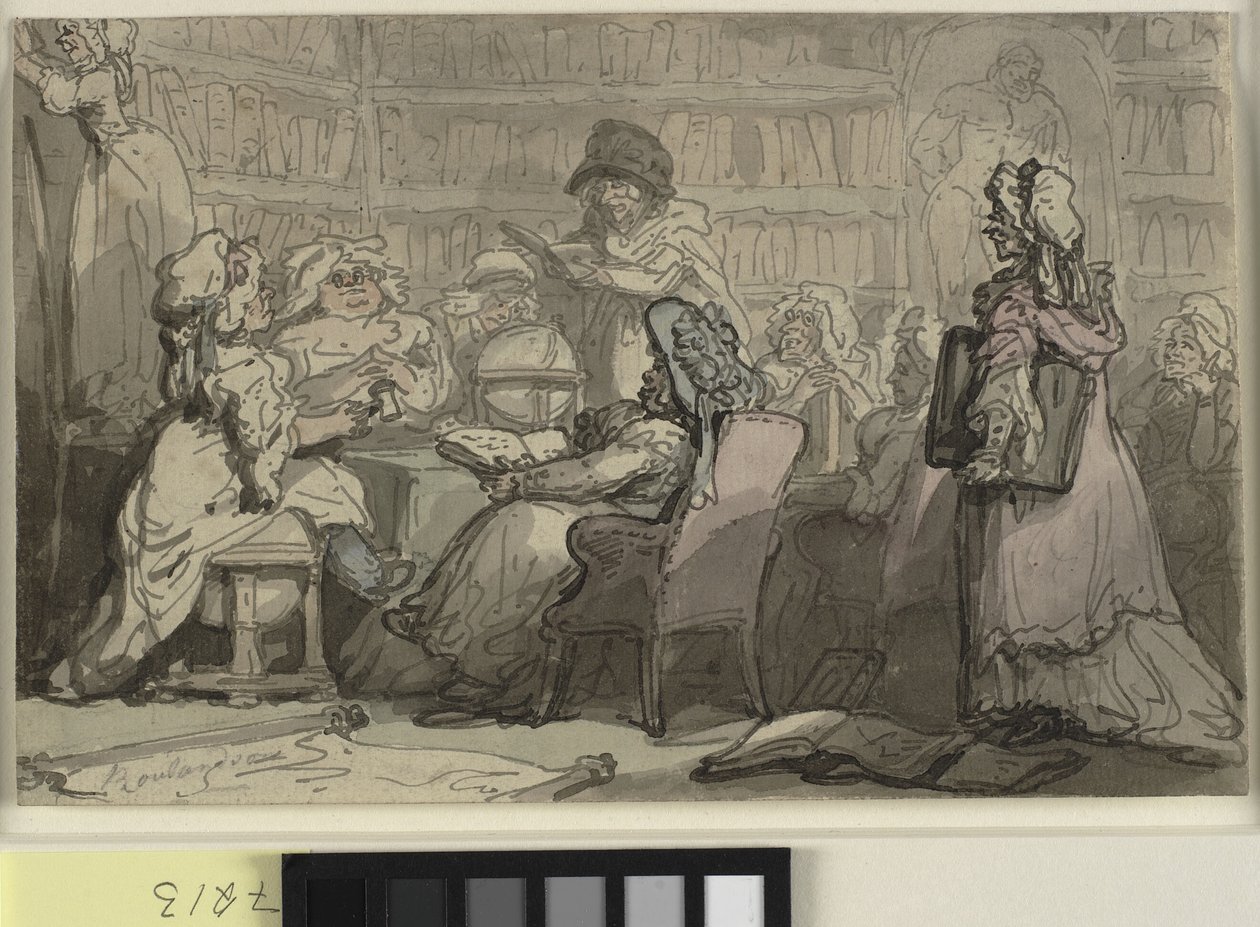 Ein Treffen des Blaustrumpf-Clubs in einer Bibliothek von Thomas Rowlandson