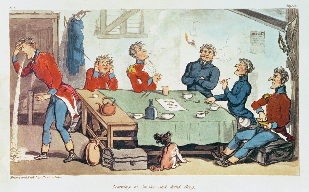 Rauchen und Grog trinken lernen. 1815 von Thomas Rowlandson