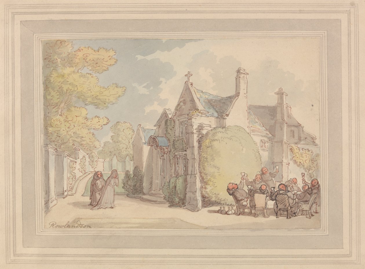 Mönche, die vor einem Kloster zechen von Thomas Rowlandson