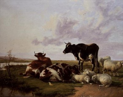 Rinder und Schafe beim Grasen von Thomas Sidney Cooper