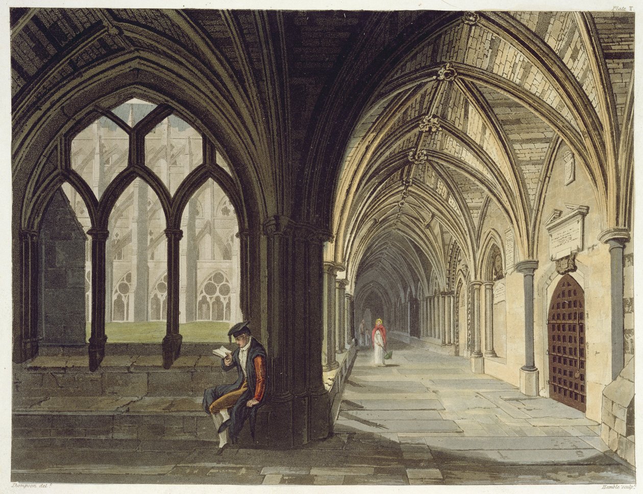 Südostwinkel der Kreuzgänge, Tafel T aus Westminster Abbey, graviert von J.R. Hamble, veröffentlicht von Rudolph Ackermann, 1812 von Thompson