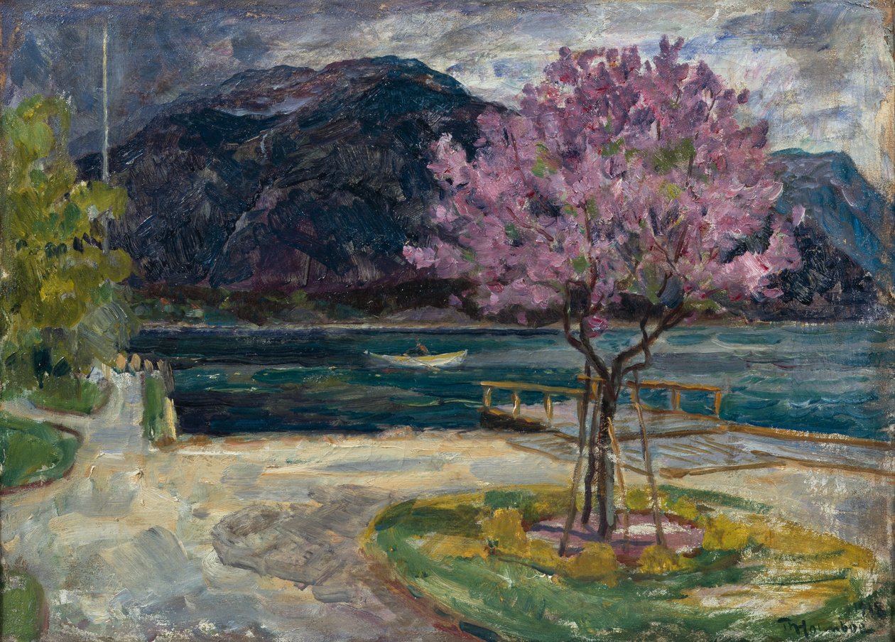 Küstenlandschaft mit blühendem Mandelbaum von Thorolf Holmboe