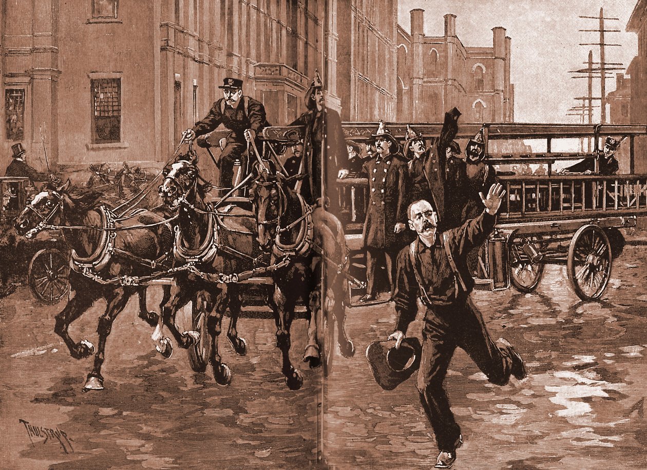 Eine Haken- und Leiterkompanie in den 1890er Jahren, New York von Thure de Thulstrup