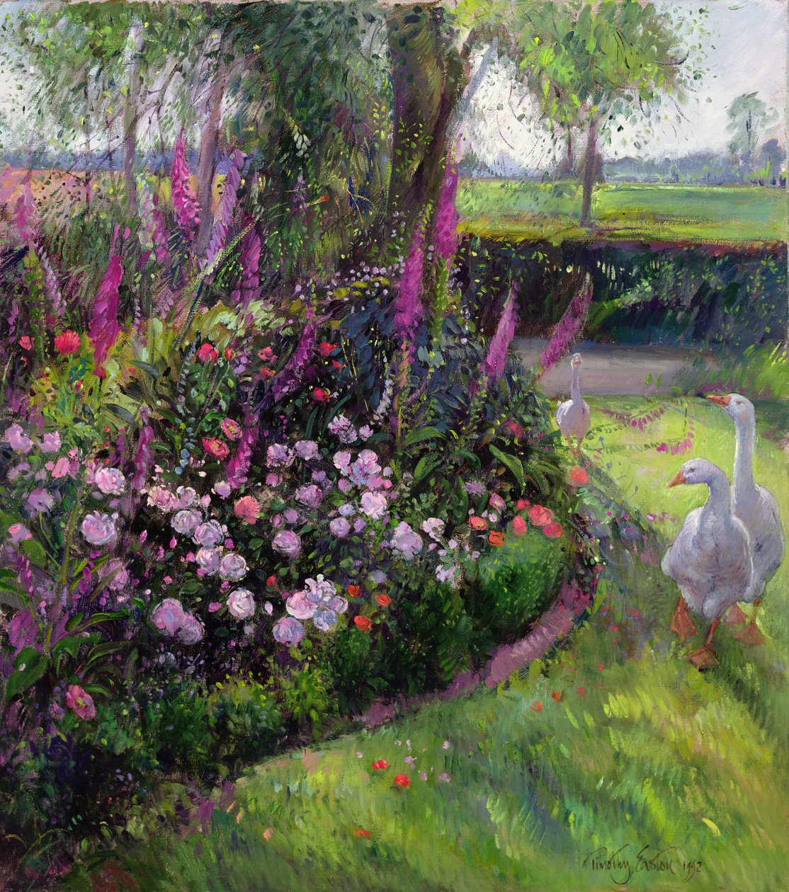 Rosenbeet und Gänse, 1992 von Timothy Easton