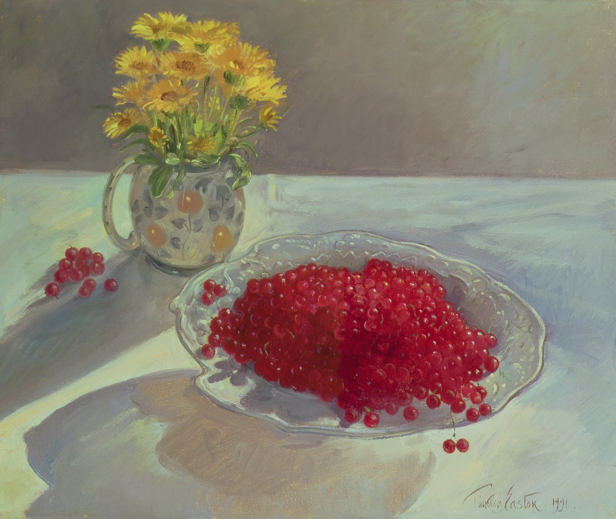 Stillleben mit Johannisbeeren und Ringelblumen, 1991 von Timothy Easton