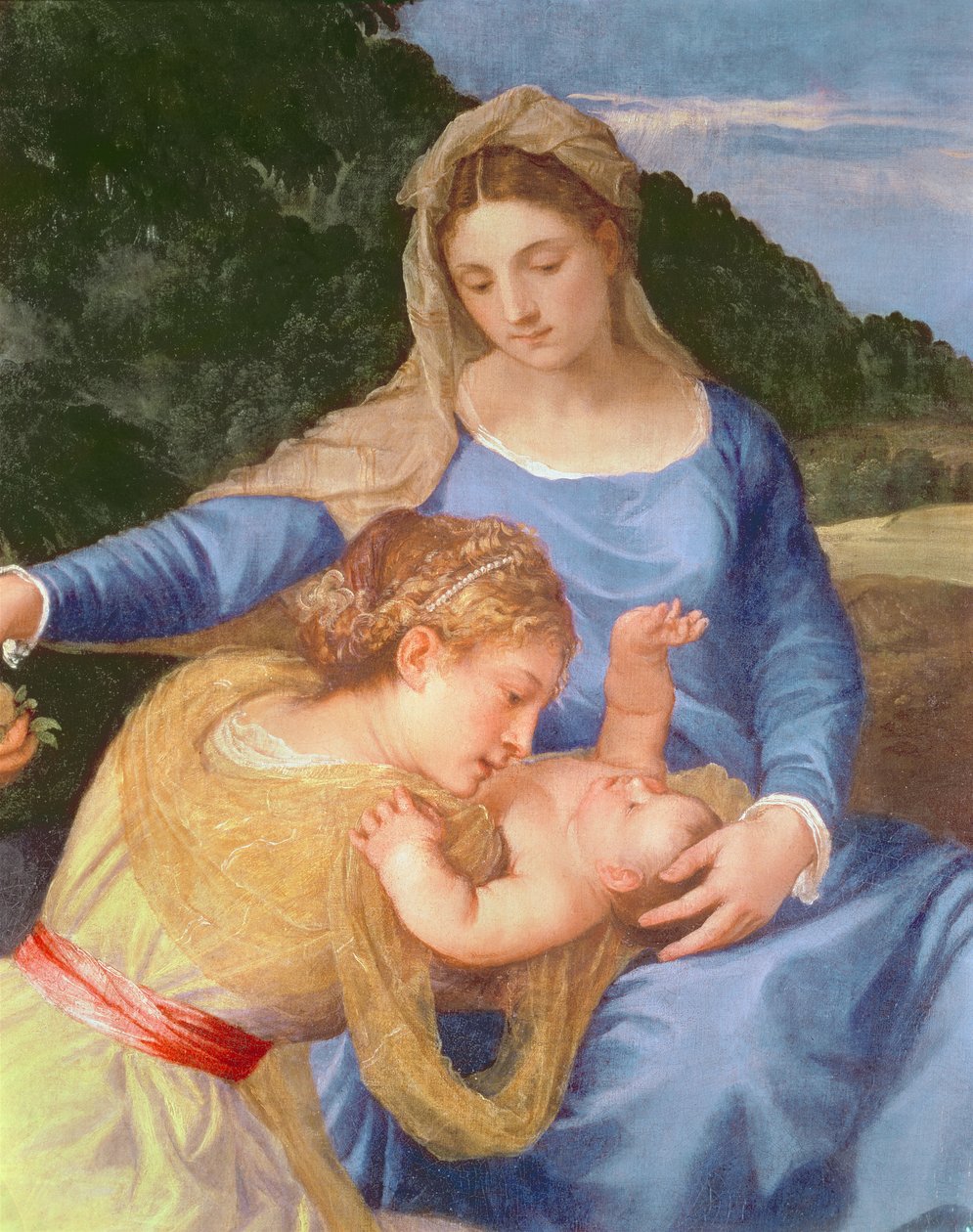 Die Jungfrau und das Kind mit Johannes dem Täufer und einer Heiligen, Detail der Jungfrau, des Christuskindes und der Heiligen, ca. 1530-35 von Tiziano Vecelli